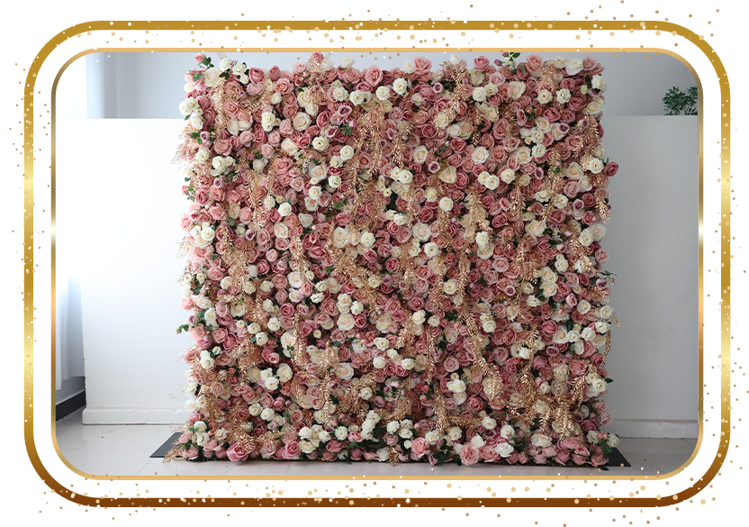 Blush, rose gold, can cream flower wall with gold accents