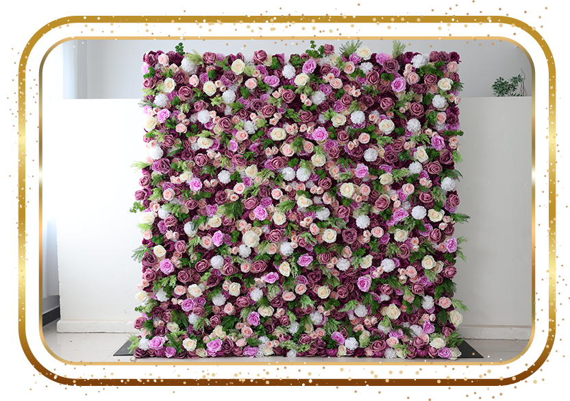 Purple flower wall rental with green foliage