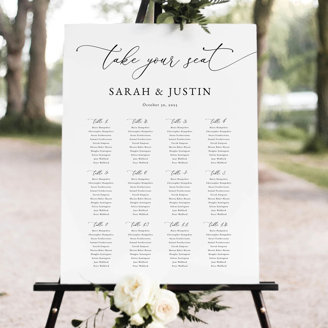 custom signs, custom seating chart with floral accents